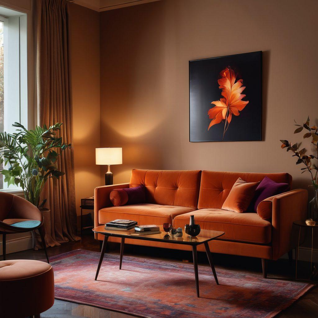 A dimly lit room with an inviting, stylish modern couch, soft ambient lighting creating a warm atmosphere. Subtle hints of adult film paraphernalia artfully arranged, featuring mysterious silhouettes and enticing textures. A glass of wine on a side table, evoking a sense of allure and intimacy. Elements of intrigue and curiosity with a touch of glamour. super-realistic. vibrant colors. moody lighting.