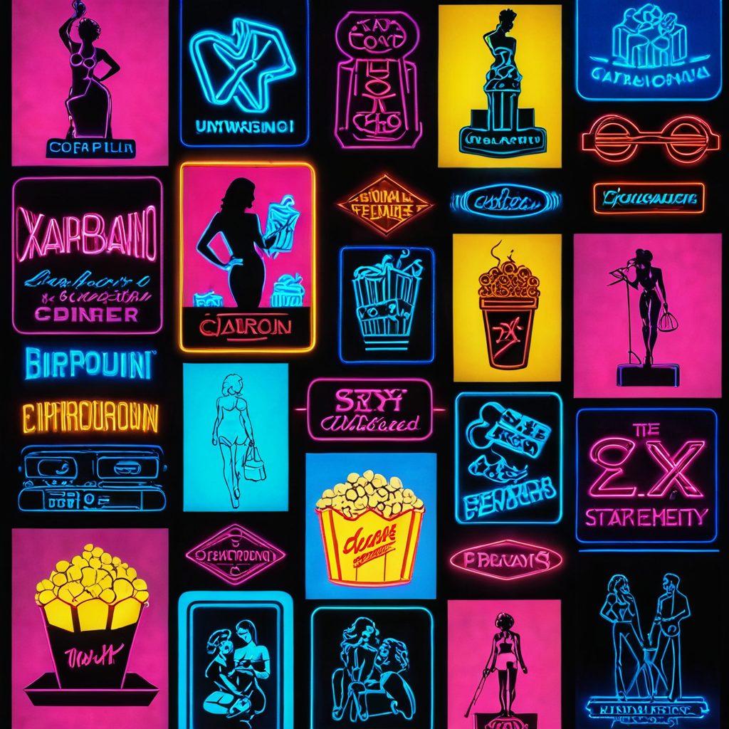 A captivating and artistic representation of the adult entertainment industry, featuring a collage of iconic X-rated film scenes artistically blended with neon lights and silhouettes of alluring figures. Include elements of film reels, popcorn, and vintage cinema in a vibrant color palette that conveys excitement and intrigue. The atmosphere should evoke a sense of exploration and curiosity about the world of explicit content. cinematic style, vibrant colors, neon accents.