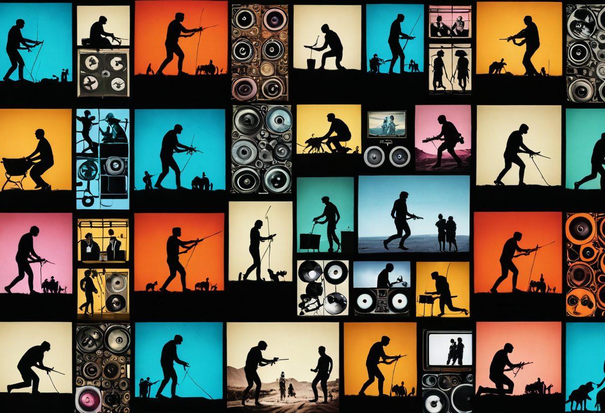 A visually striking collage representing the evolution of adult media, featuring diverse clips and scenes from tantalizing performances to hardcore extravaganzas. Include elements like vintage film reels, modern digital screens, and silhouettes of performers in dynamic poses, blending into a vibrant landscape. Use contrasting colors to highlight different styles and eras, capturing a sense of excitement and intrigue. surrealistic. vibrant colors. dynamic composition.